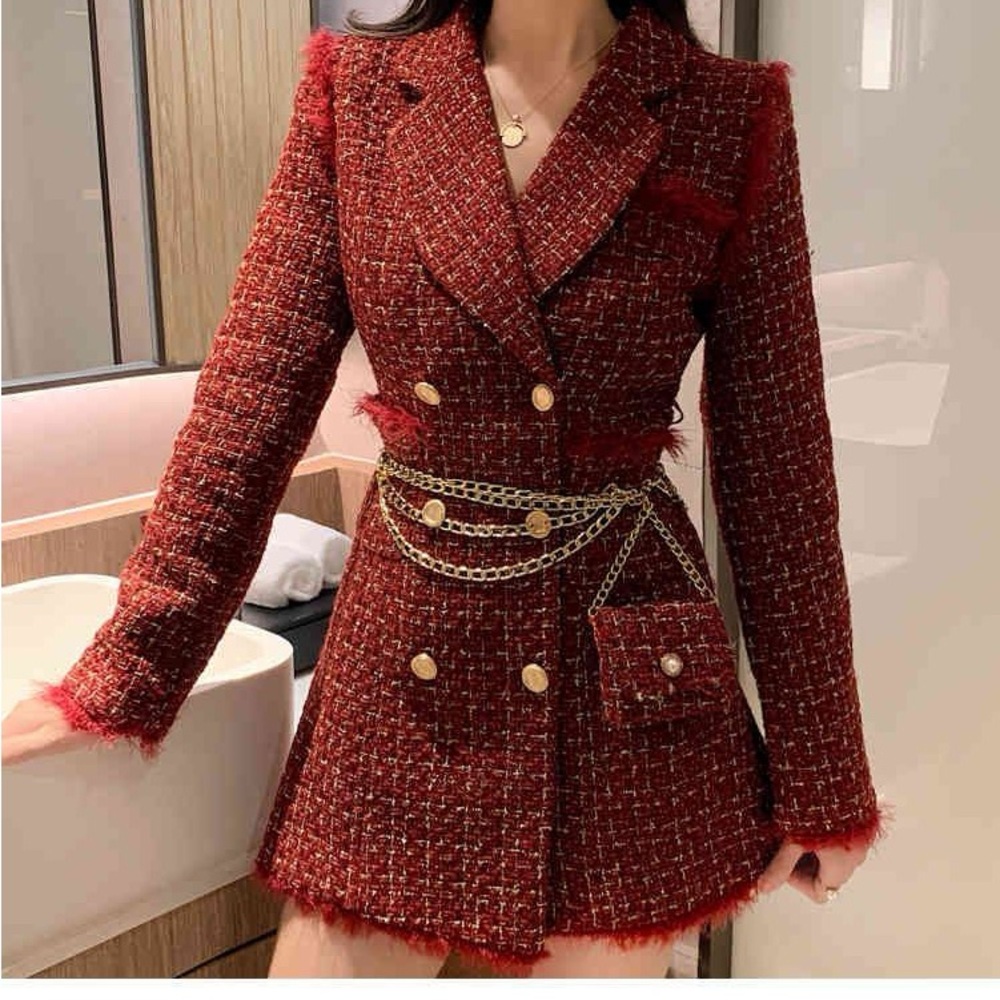 RED DOUBLE BREASTED PLAID TWEED SUIT JACKET